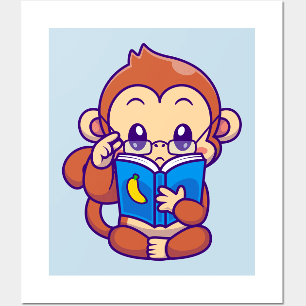 Cute Monkey Reading Book Banana With Glasses Cartoon Wall Art by Catalyst Labs